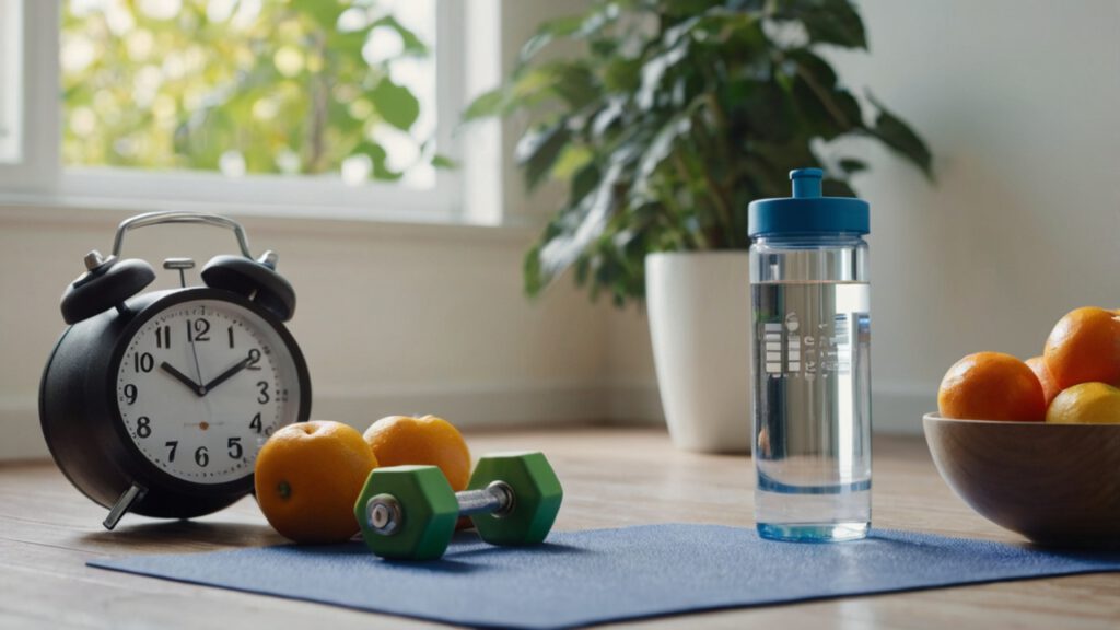 Titelbild Intervallfasten wie du gesund abnimmst, Wasserflasche mit Uhr und Obst